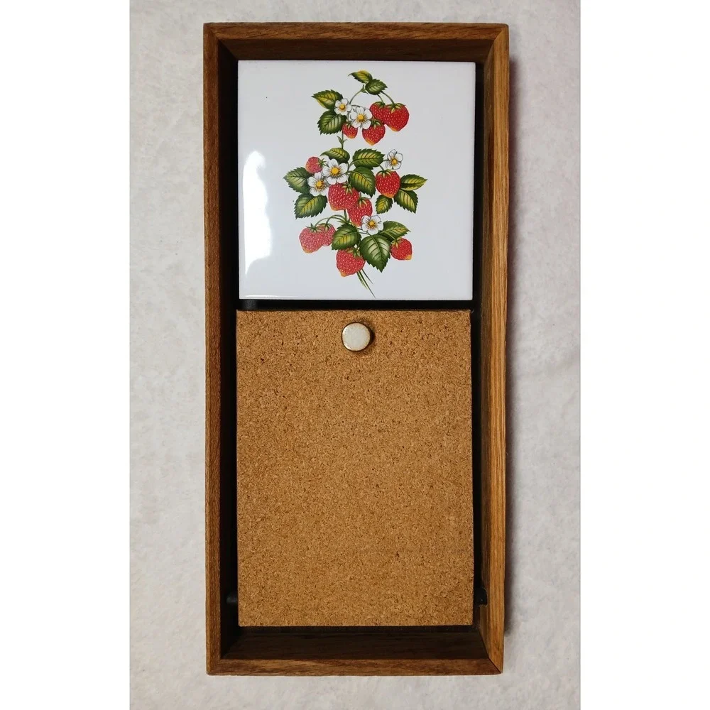 Vintage Strawberry Wooden Wall Memo Clip Organizer With Key Hooks & Cork Board